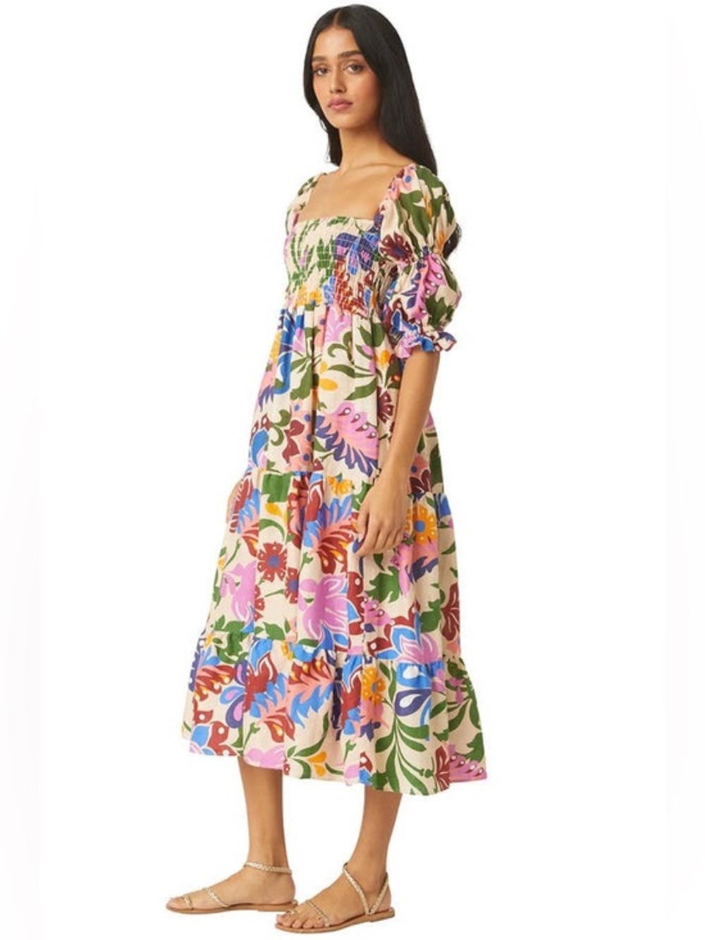 MISA YOLANDA LINEN SMOCKED MIDI DRESS - CASITA FLORA Sz: S
$458